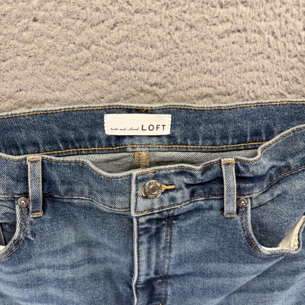 Loft Jeans Womens 10 Blue Cotton Denim Wide-Leg Faded Workwear Raw-Hem Stretch - Picture 3 of 13